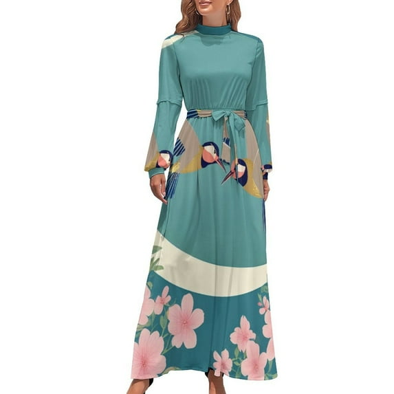 Cherry Blossom Birds Art Print Women's Long Dress Long Sleeves Dress Vintage Dresses Party Maxi Dress High Waist Dress