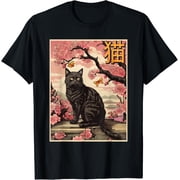 Cherry Blossom Black Cat Vintage Japanese Woodblock Art T-Shirt