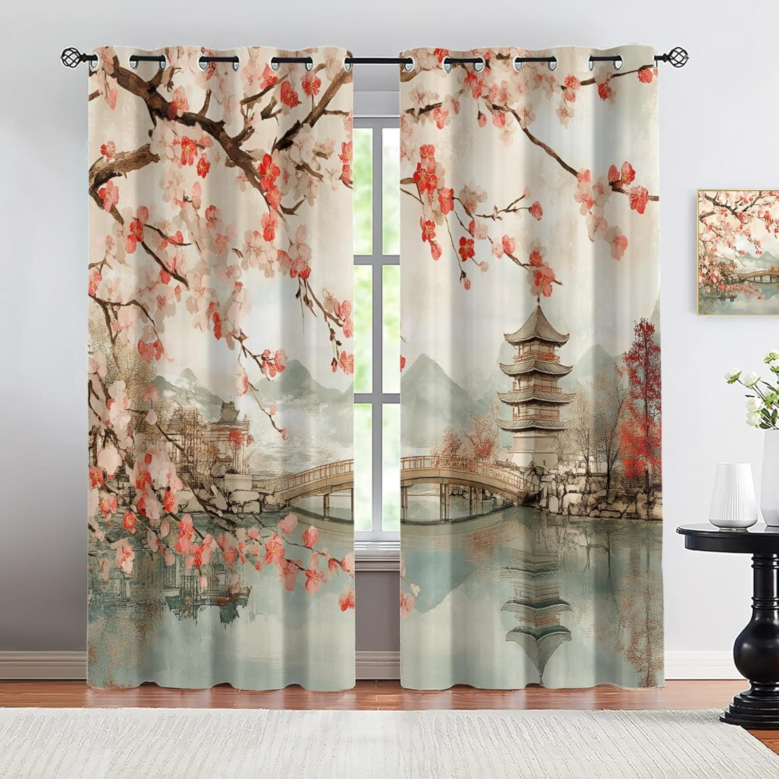 Cherry Blossom Black Out Curtains, Japanese Window Drapes, Mountain
