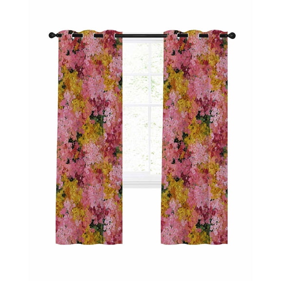 Cherry Blossom Blackout Curtains, Light Blocking Print Window Curtains, Pink Yellow Flowers Oil Painting Art Thermal Insulated Window Drapes for Living Room Kitchen Cafe 2 Panels, 84"W x 84"L