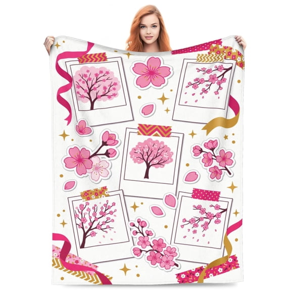Cherry Blossom Blanket Gifts, Pink Sakura Cherry Blossom Scrapbook Throw For Women Adult, Home Bed Couch, Nature Art, Mother's Day Birthday Graduation Flannel Blanket 50x40