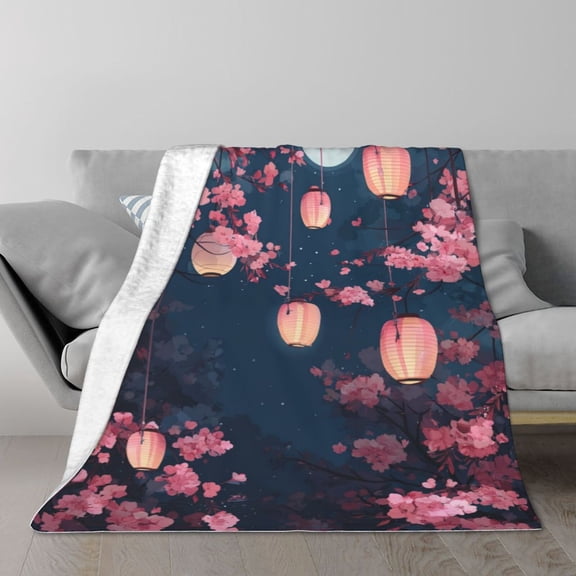 Cherry Blossom Blanket Night Festival Throw, Moon Lantern Sakura Soft Fuzzy Bedding Blanket for Sofa 60×50