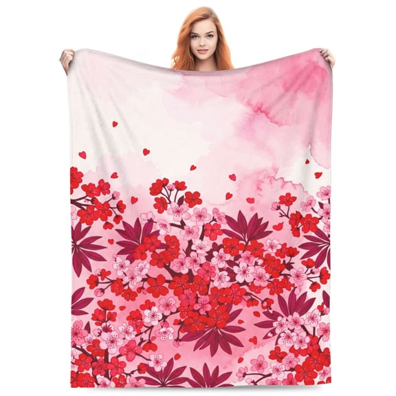 Cherry Blossom Blanket, Pink Flower Throw Blanket, Soft Plush Fleece Flannel Blanket, Cozy Fuzzy Blanket for Couch Sofa Bed, Gift 50x40
