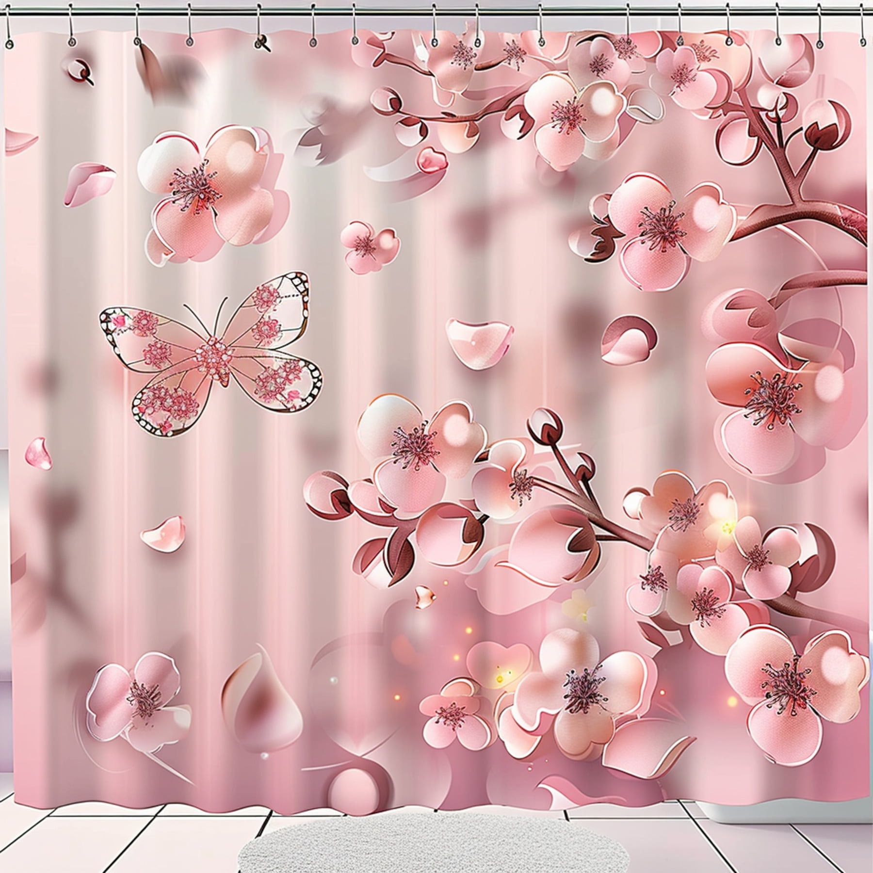 Cherry Blossom Bliss Pink Butterfly Bathroom Set with Floral Accents HighRes Shower Curtain