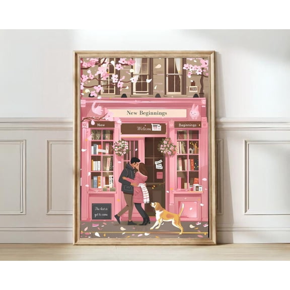 Cherry Blossom Bookshop Cafe Wall Art Pink Dreamy Decor Unframed Paper Print