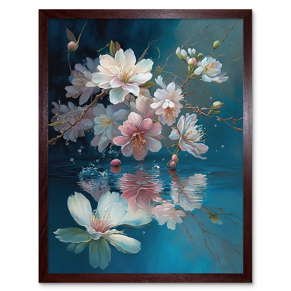 Cherry Blossom Branch Dancing Over Water Modern Watercolour Painting Art Print Framed Poster Wall Decor 12x16 inch