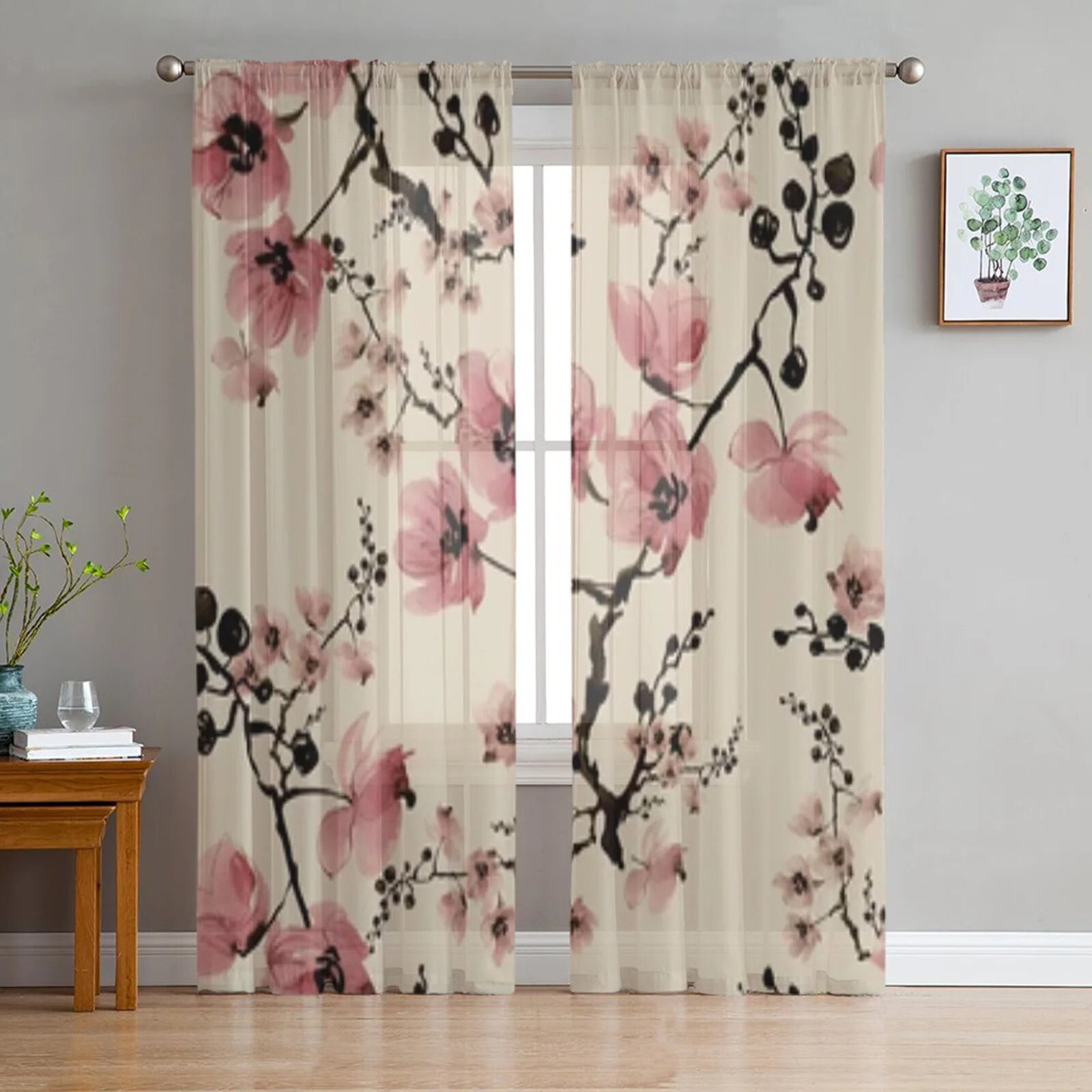 Cherry Blossom Branch Flower Chinese Style Tulle Curtains for Living ...