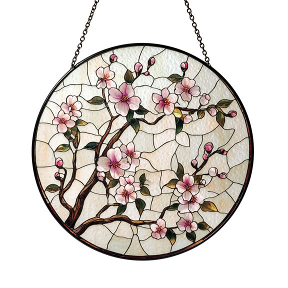 Cherry Blossom Branch Stained Glass Style Suncatcher Window Hanging Decor, Pink Spring Flower Window Panel Art with Floral Tree Design, Garden Window Decoration Gift for Flower Lovers