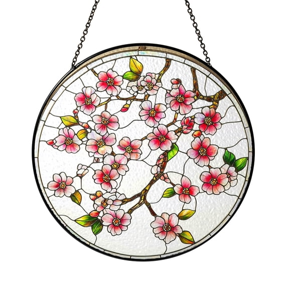 Cherry Blossom Branch Stained Glass Suncatcher Window Hanging Decor, Pink Spring Flower Floral Decorative Glass Style Window Panel, Botanical Theme Art Ornament for Home Window Decoration