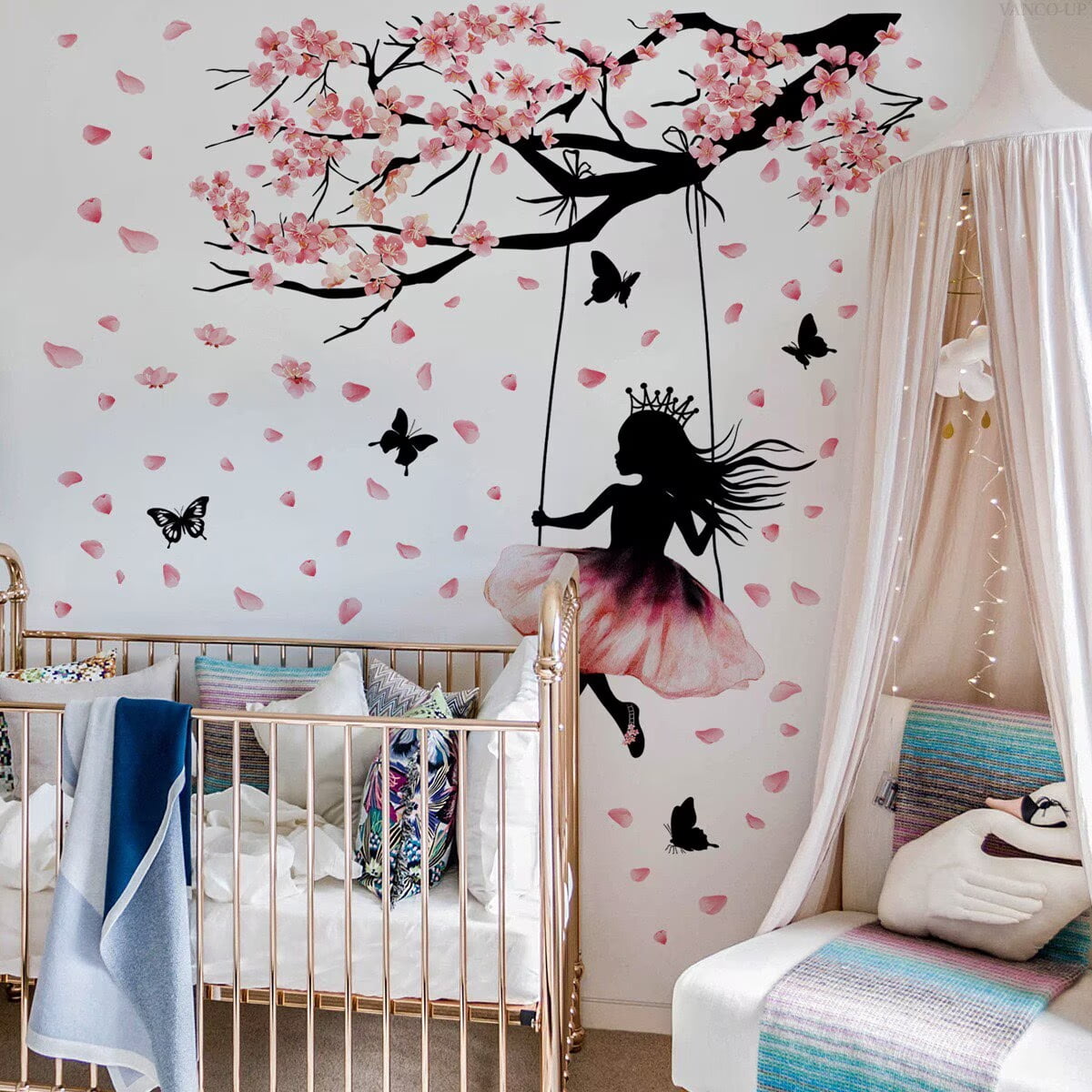 Cherry Blossom Branch Wall Decals Flower wall sticker Swing Butterfly Girl Wall Stickers Flower Walls Decal Peel and Stick Walls Murals Decor for Girl Princess Bedroom Living Room (Pink Flower Girl)