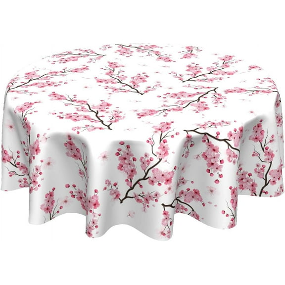 Cherry Blossom Branche Tablecloth Round 60 Inch Vintage Pink Floral Table Cloth Washable Spring Summer Flower Table Cover for Kitchen Dining Holiday Party Picnic Indoor Outdoor Home Decor