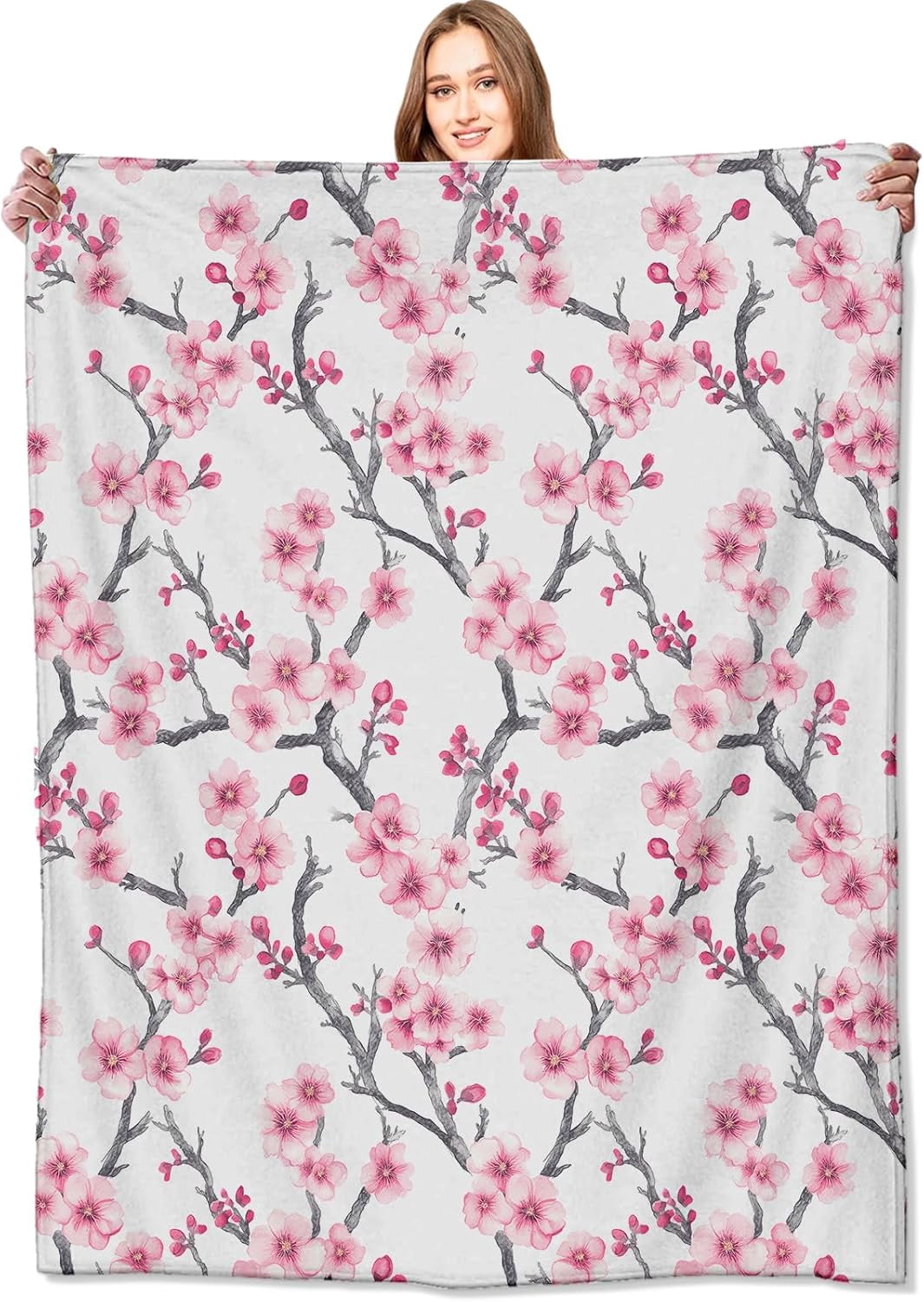 Cherry Blossom Branches Blanket,50x60in,Pink Floral Spring Throw Blankets,Gifts for Kids Girls Women & Nature Flower Lovers, Lightweight Soft Fleece Cozy,for Sofa Couch Bed Room Modern Decor