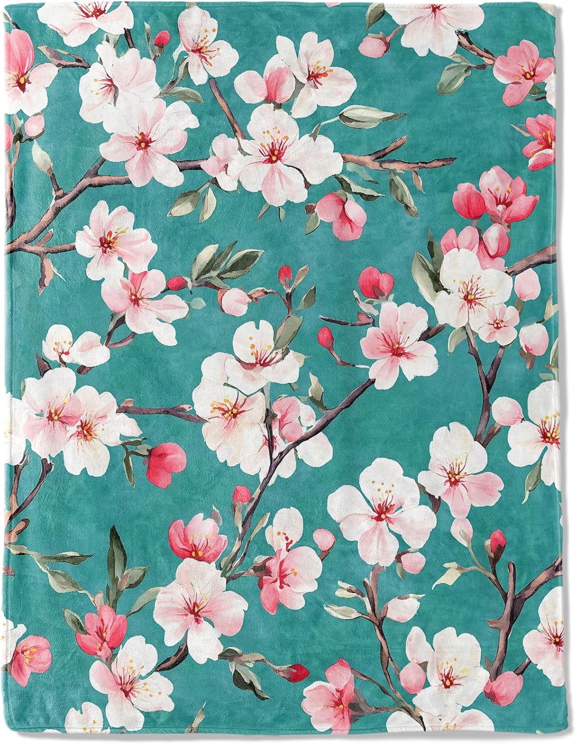 Cherry Blossom Branches Flannel Blanket - Lightweight Soft Cozy Unique Gifts Blankets for Floral Lovers,Users,Adult,Women, Elegant Teal Background Art Throw,Home Room Modern Decor 60x80in