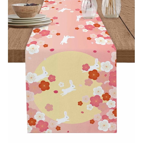 Cherry Blossom Burlap Cotton Table Runner 14x72 Inches Long, Japanese Style Rabbit Cute Wave Pink Farmhouse Table Runners, Outdoor Dining Tablecloths Decor for Baby Shower/Party/Wedding