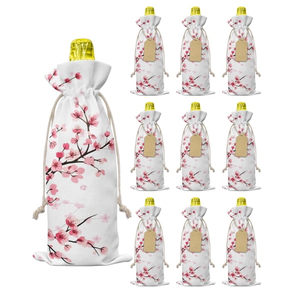 Cherry Blossom Burlap Wine Bags 10 PCS, Spring Pink Floral Branches Watercolor Wine Gift Bags Bottle Covers with Drawstring for Holiday Party Wedding Birthday, Reusable Champagne Bottle Bag