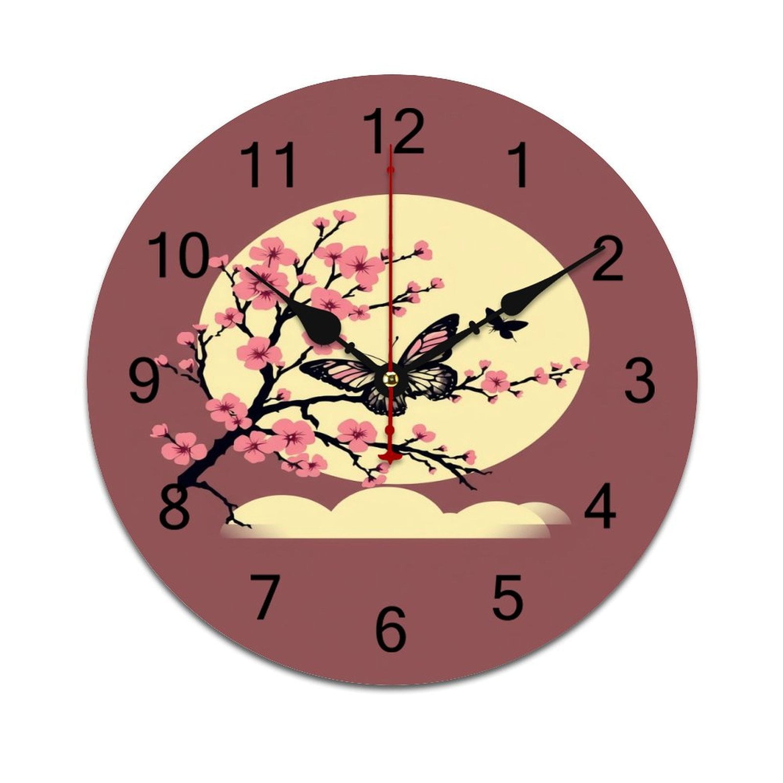Cherry Blossom Butterfly Moon Round Wall Clock Modern Design Home