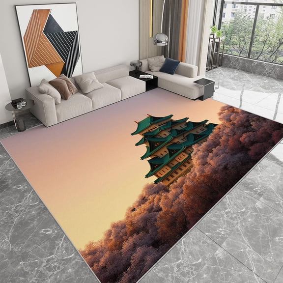 Cherry Blossom Castle Area Rugs, Sunset Cherry Blossoms Castle Carpet, Washable Non Slip Low Pile Soft Rug for Living Room Bedroom Dining Room Decor Mat 5x8ft