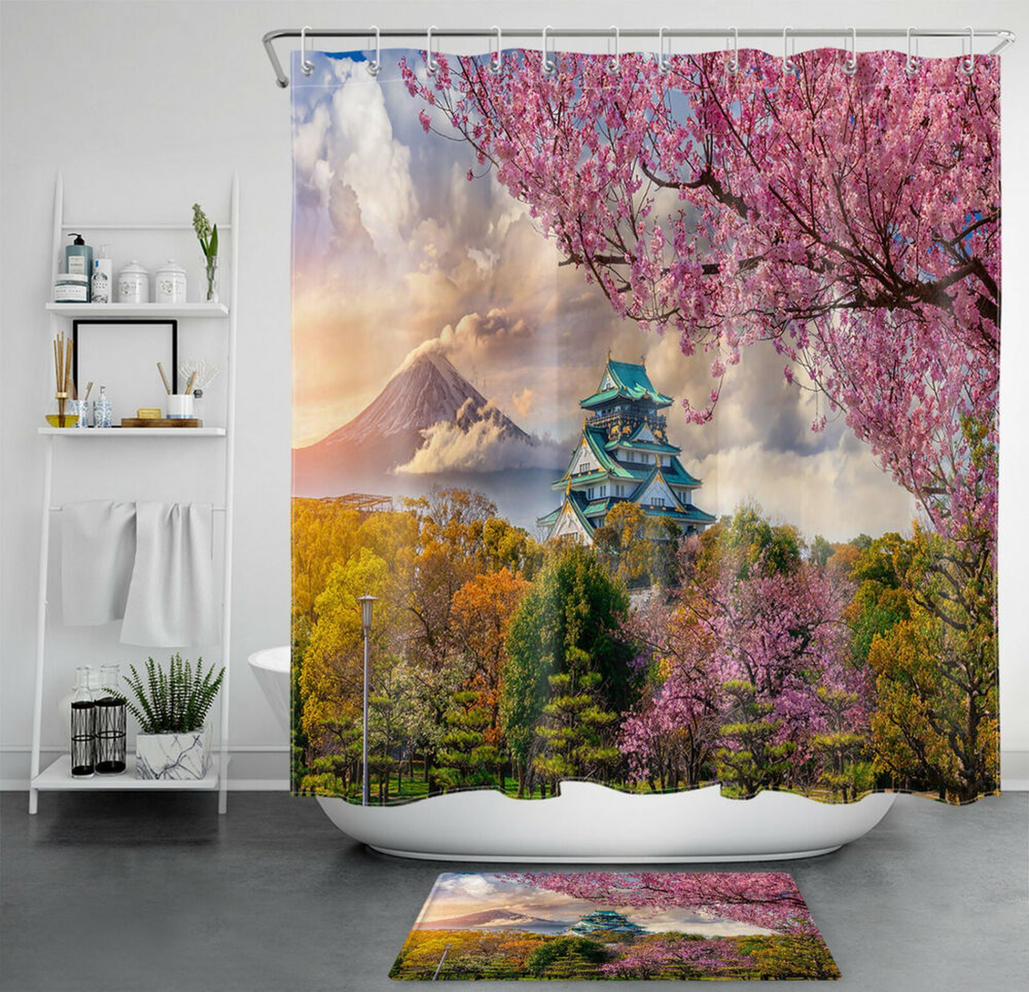 Cherry Blossom Castle Shower Curtain Set with Majestic View of Mount ...