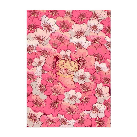 Cherry Blossom Cat - Illustration Cat Cherry Blossoms Floral Pattern Humor Unframed Wall Art Print 30 x 40 inches