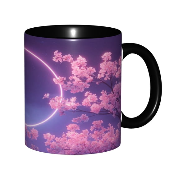 Cherry Blossom Ceramic Coffee Mug 11oz, Aesthetic Purple Sakura Neon Moon Two-Tone Black Tea Cup for Office Home Gift