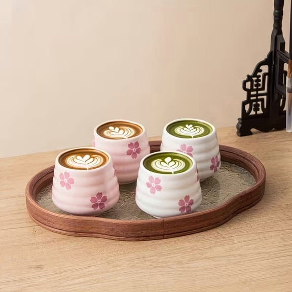 Flowers Ceramic Tea Cups Set of 2, 160ml Handleless Mugs for Coffee Matcha