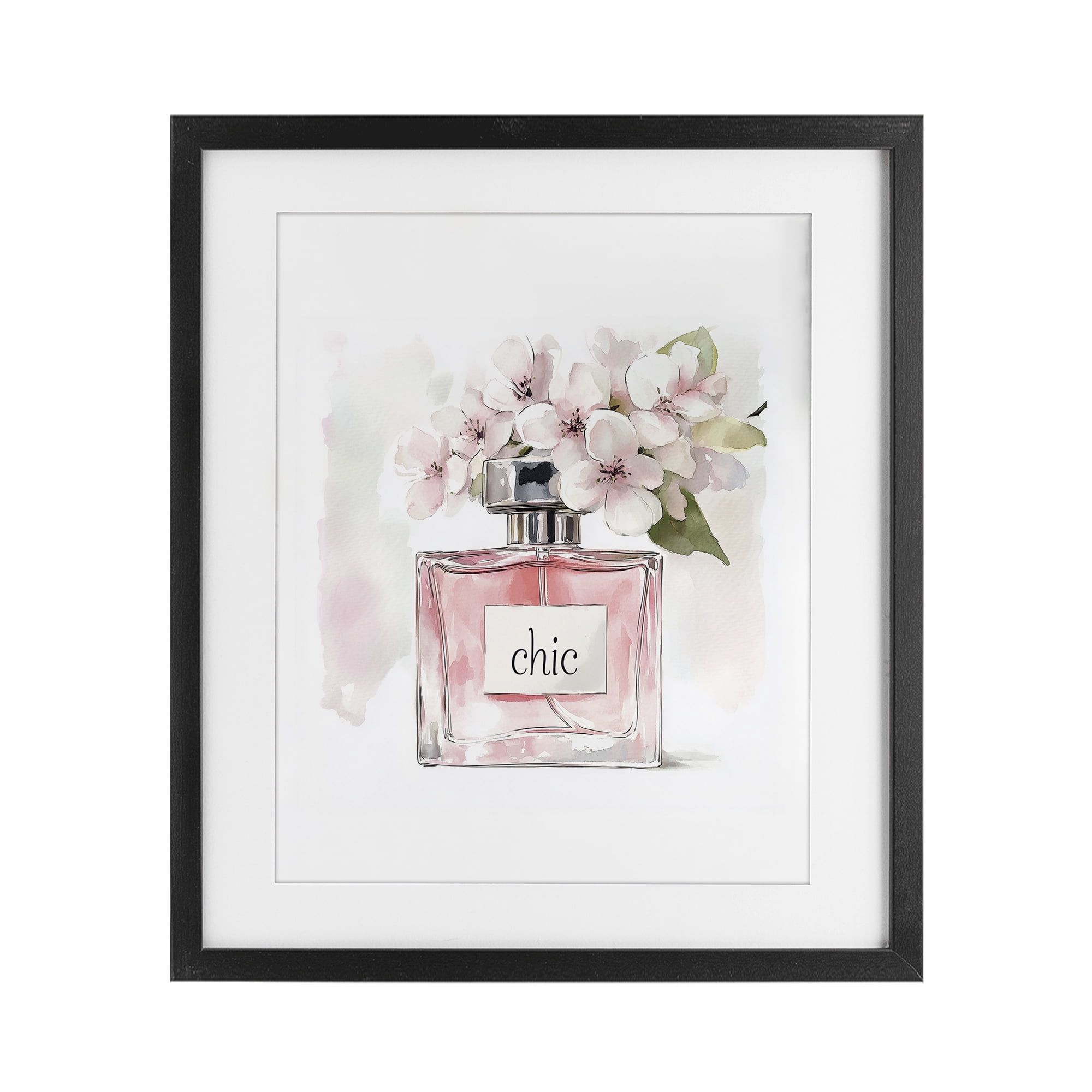 Cherry Blossom Chic Perfume Black Framed Print Under Glass, design by Christine Simpson Art