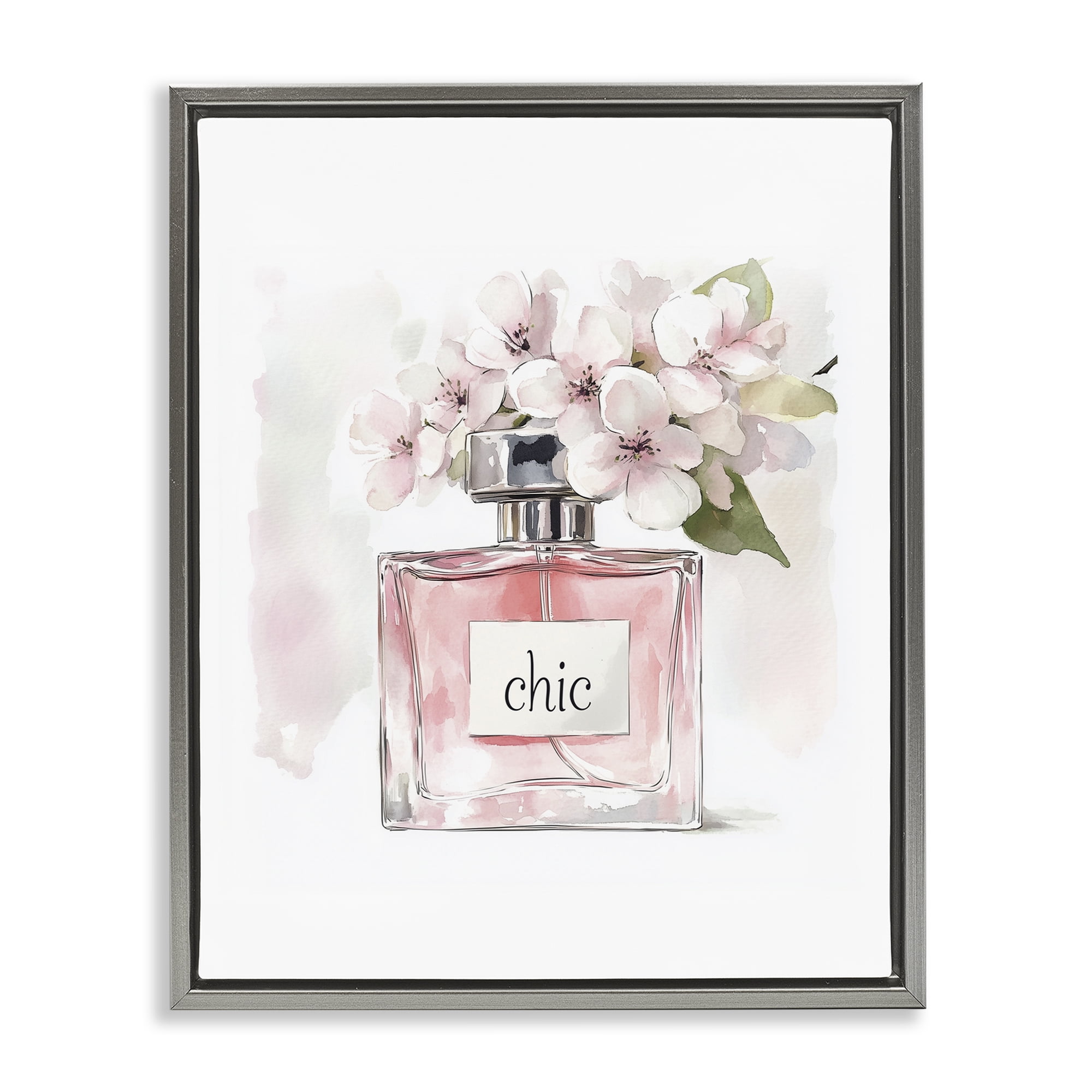 Cherry Blossom Chic Perfume Gray Framed Floater Canvas Wall Art, design by Christine Simpson Art