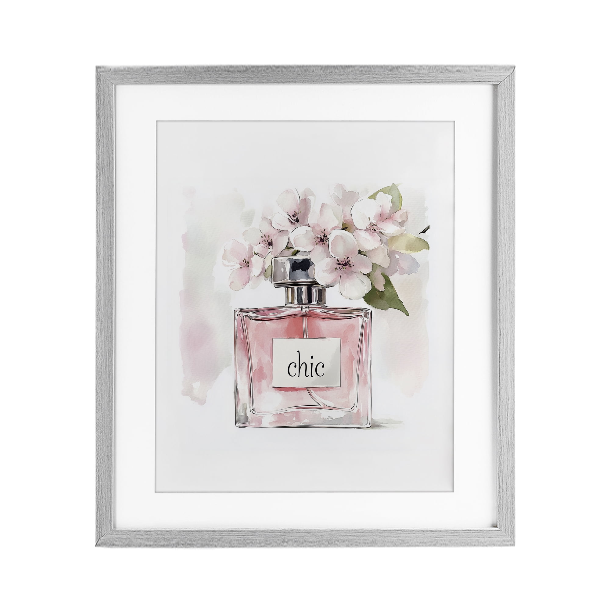 Cherry Blossom Chic Perfume Gray Framed Print Under Glass, design by Christine Simpson Art