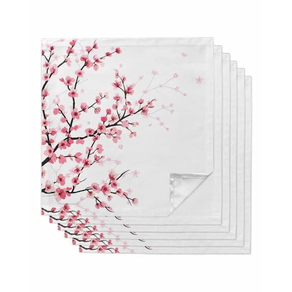 Cherry Blossom Cloth Napkins Set of 6 Reusable Dinner Napkins, Spring Pink Floral Branches Watercolor Cocktail Napkin Washable Table Napkins for Wedding/Holiday Party/Baby Shower 20"x20"
