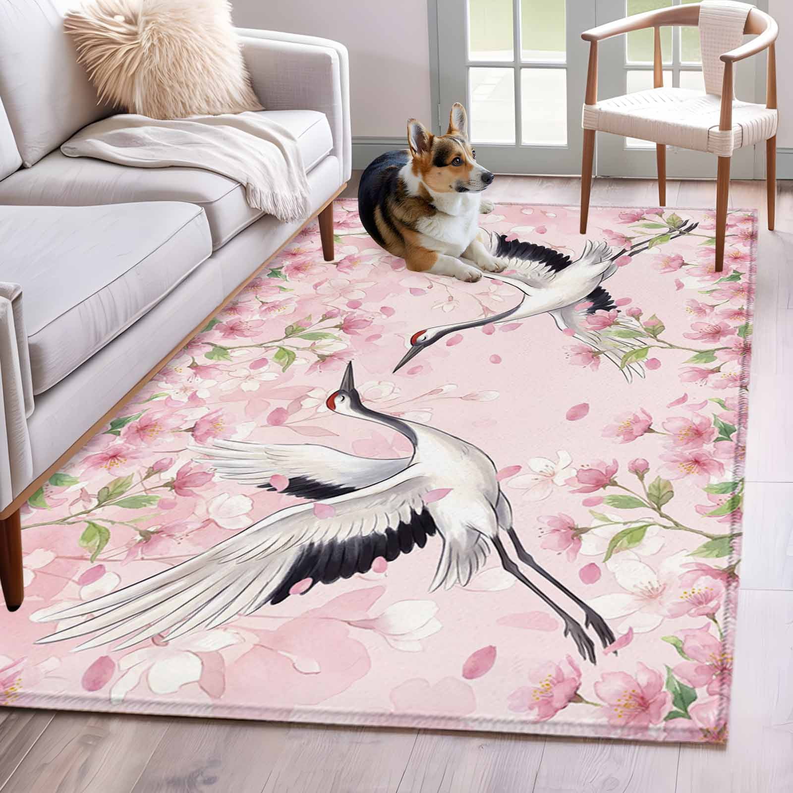 Cherry Blossom Crane 4x6 Area Rugs for Living Room, Japanese Pink ...