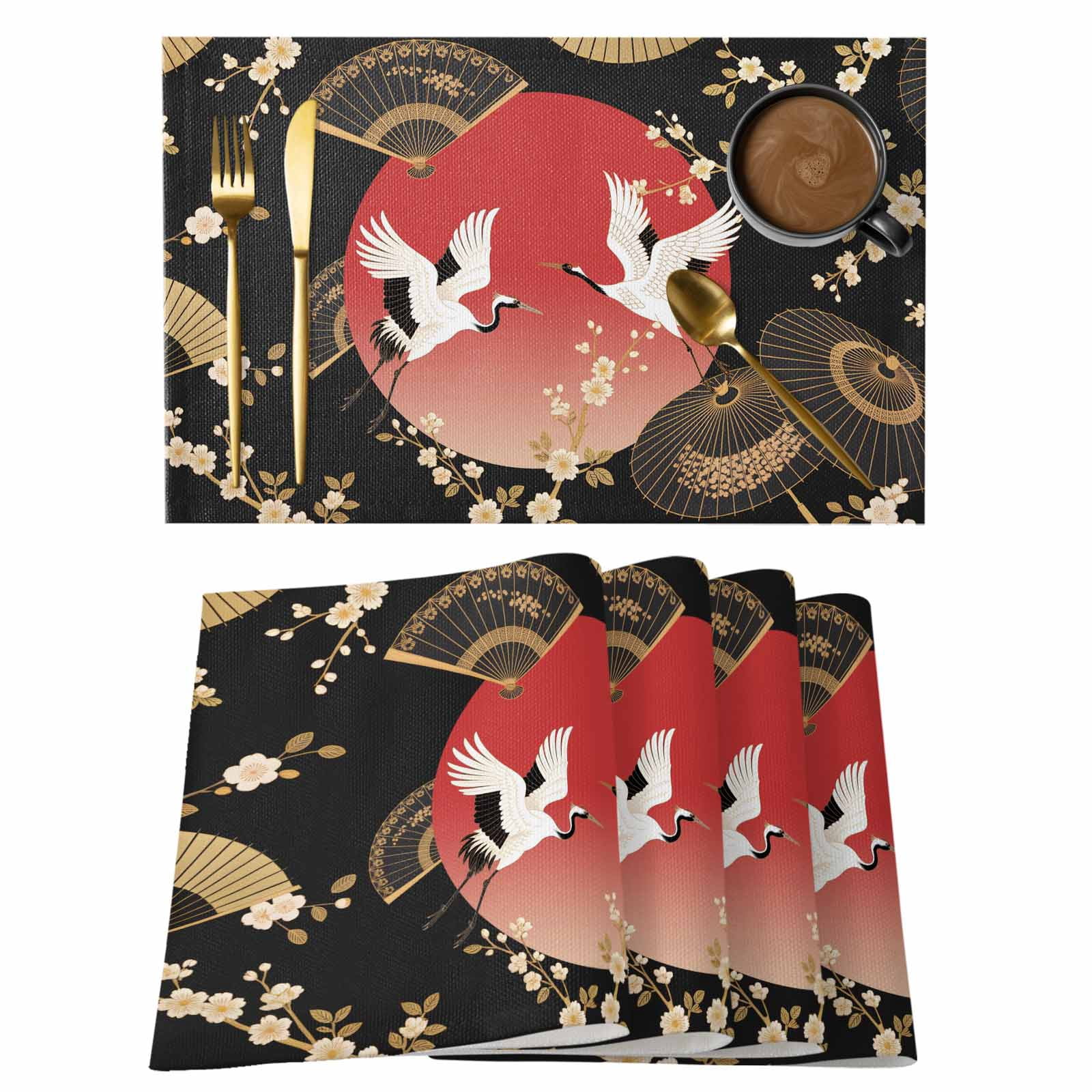 Cherry Blossom Crane Cotton Linen Placemats Set of 12, Paper Fan ...