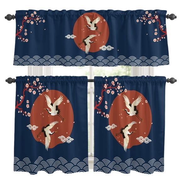 Cherry Blossom Crane Kitchen Curtains Set for Windows, Japanese Style Cloud Waves Red Navy Blue Curtains Valance and Tier 3 Piece Set Small Drapes 24 Inch Length for Kitchen Bedroom Decor