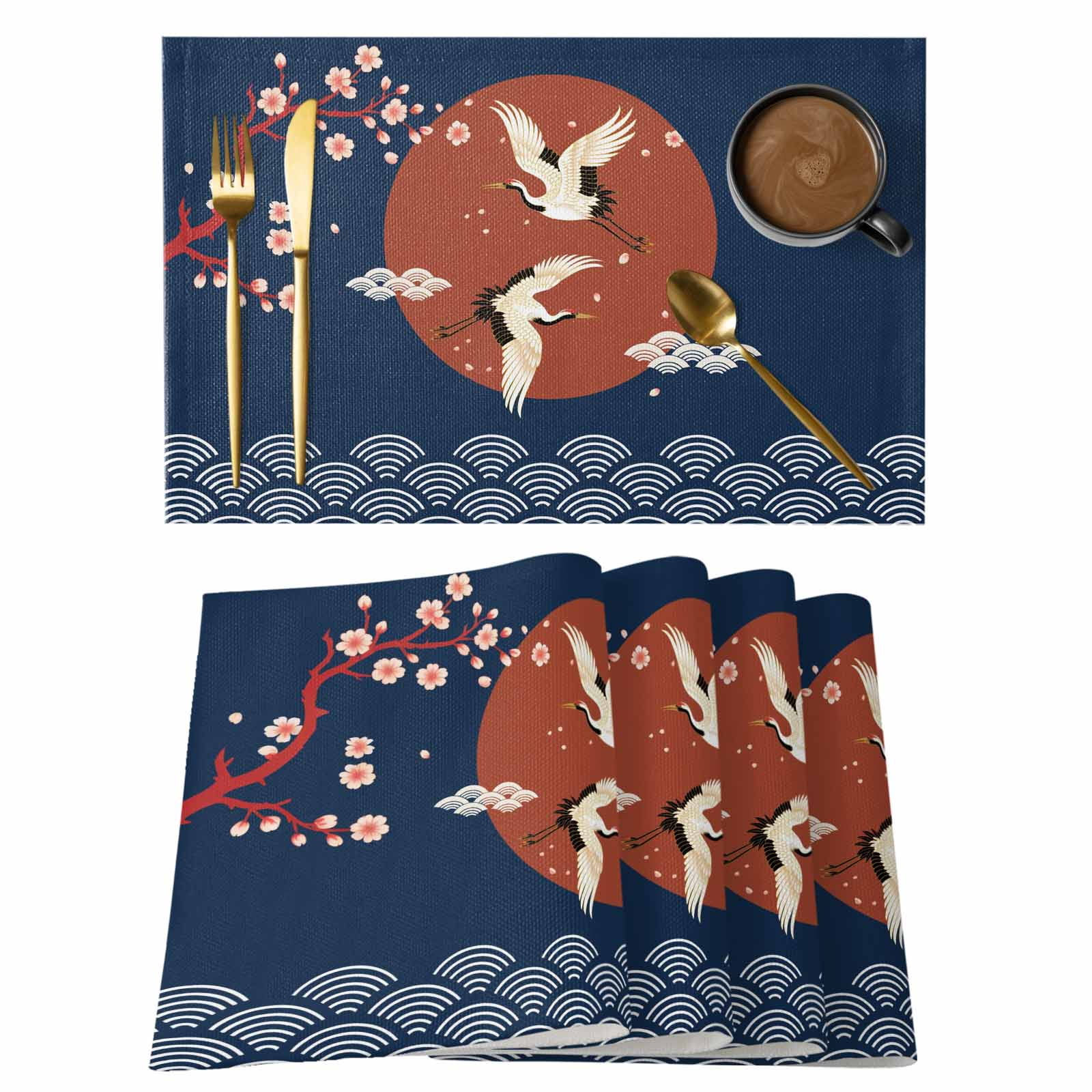 Cherry Blossom Crane Placemats Set of 2, Japanese Style Cloud Waves Red ...