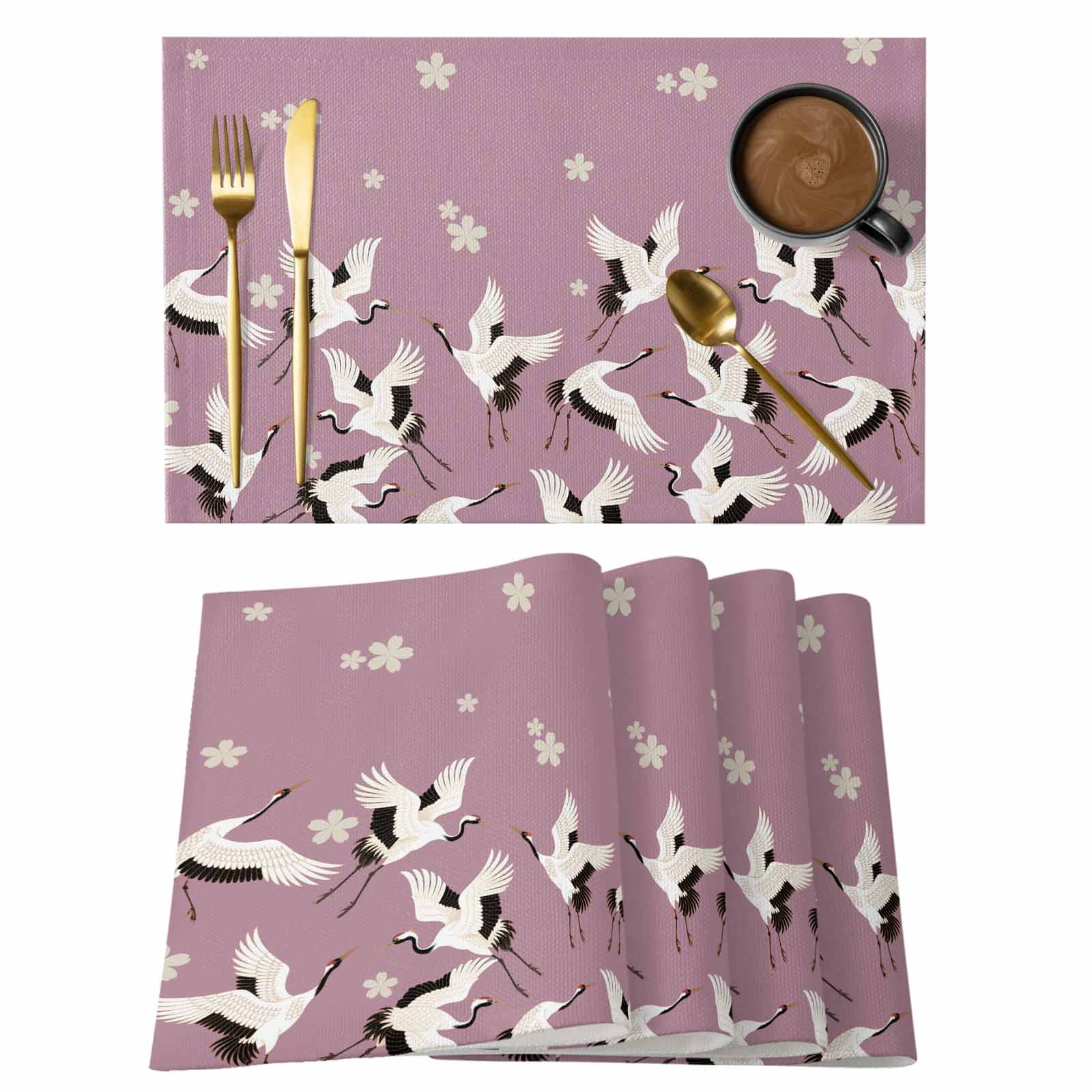 Cherry Blossom Crane Placemats Set of 4, Japanese Style Harmony Pink ...
