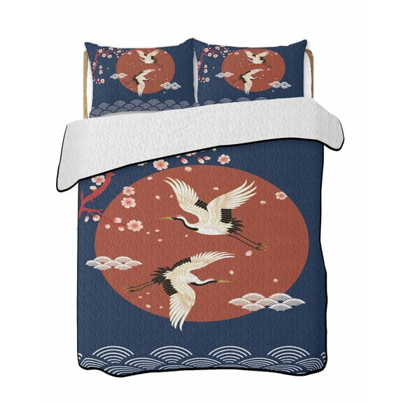 Cherry Blossom Crane Quilts Bedding Set California King Japanese Style Cloud Waves Red Navy Blue Lightweight Quilted Bedspread 3 Piece Bed Quilt with 2 Pillow Shams All Season for Bedroom 96" x 106"