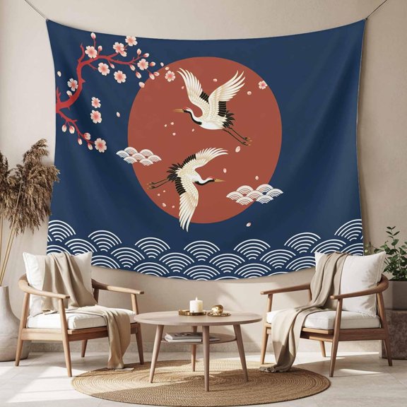 Cherry Blossom Crane Tapestry Wall Hanging Japanese Aesthetic Blue Cloud Waves Art Decor Backdrop 60x90 Inch
