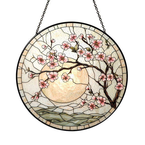 Cherry Blossom Crescent Moon Glass Suncatcher Window Hanging Decor, Spring Floral Celestial Artwork