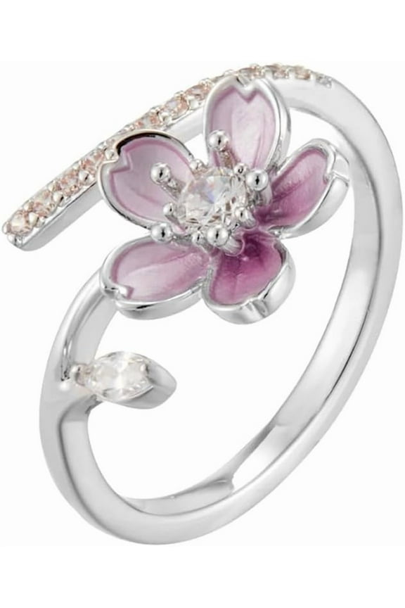 Cherry Blossom Cubic Zirconia Ring for Women Adjustable Open Band Silver Plated Flower Statement Ring Promise Engagement Rings Wedding Band