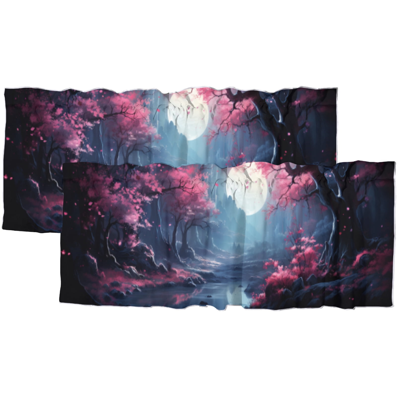 Cherry Blossom Curtain Valances Full Moon Night Pink Flowers Fantasy ...