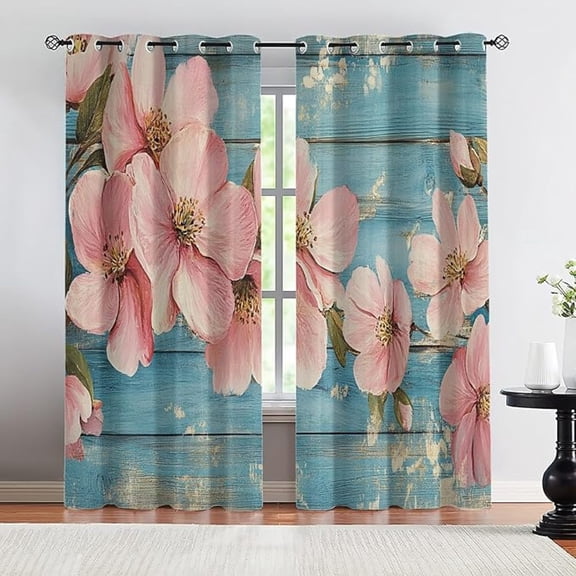 Cherry Blossom Curtains for Bedroom, Pink Floral Window Curtains, Blue Wood Living Room Curtain, 3D Window Treatments 53"W x 96"L (Pack of 2)