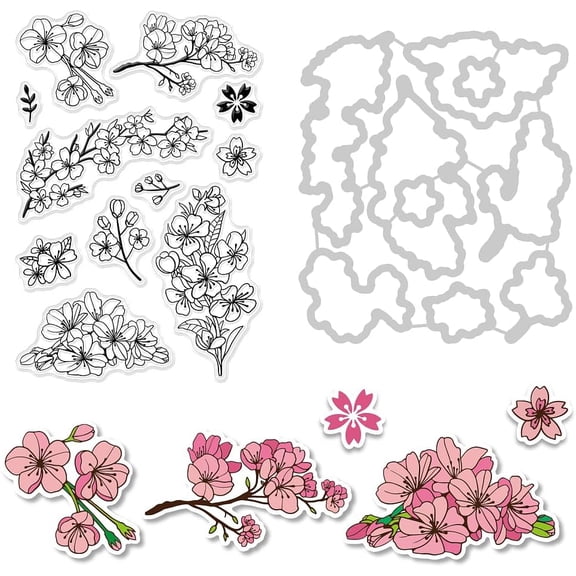 Cherry Blossom Cut Dies and Clear Stamp Set Pink Flower Embossing Template and Silicone Stamp for Card Scrapbook Card DIY Craft DIY