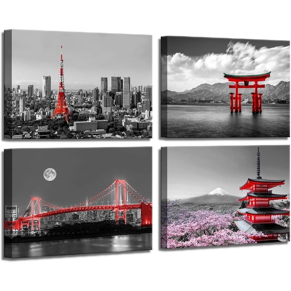 Cherry Blossom Decor Black and White Canvas Wall Art for Bedroom Japanese Wall Art Evening Scenery of the Rainbow Bridge Across Tokyo Bay Tokyo Tower Aesthetic Room Decor for Bedroom 12x16inchx4pcs