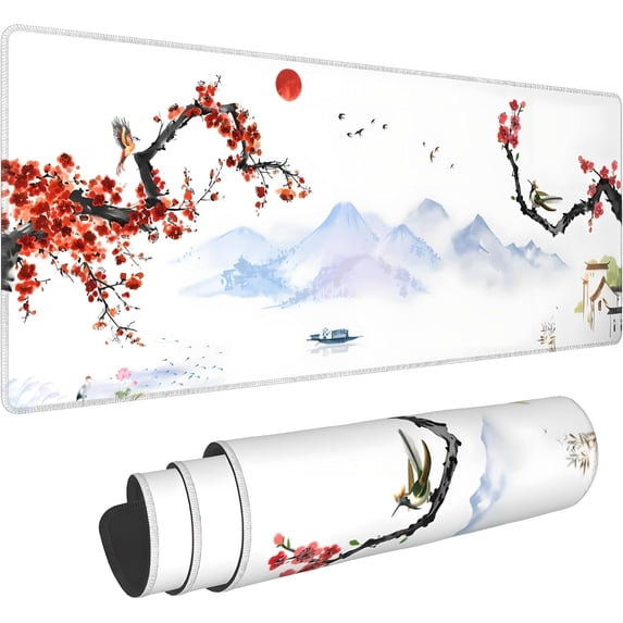 Cherry Blossom Desk Mat, Large Mouse Pad for Desk, 80 x 30 cm Gaming Mouse Pad with Stitched Edges, Non-Slip Waterproof Japanese Deskpad for Office Gaming Work Home