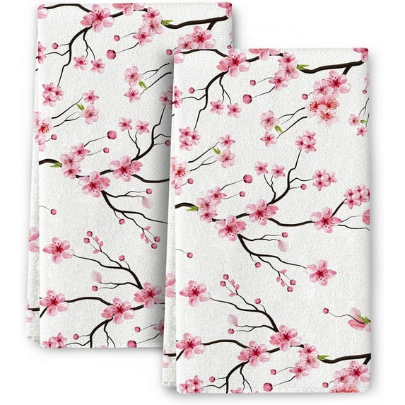 Cherry Blossom Dish Towels for Kitchen Drying,Pink Absorbent Decorative Kitchen Towels dishcloths,Cute Hand Towels Tea Tewels for Kitchen Baking Bar Bathroom Decor