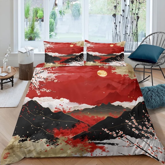 Cherry Blossom Duvet Cover Japanese Style Comforter Cover Sun Floral Duvet Cover Set Adults Vintage Blossom Branch Bedding Set Breathable Durable Soft