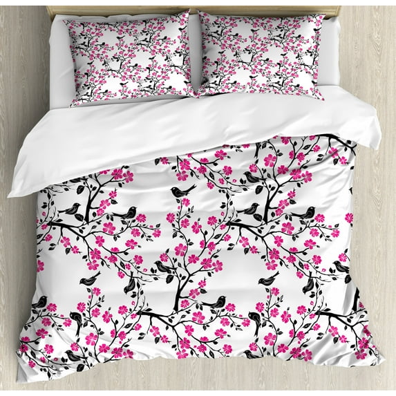 Cherry Blossom Duvet Cover Set King Size, Sakura Tree with Flourishing Flowers and Birds Black Silhouettes, Decorative 3 Piece Bedding Set with 2 Pillow Shams, Black Hot Pink White, by Ambesonne