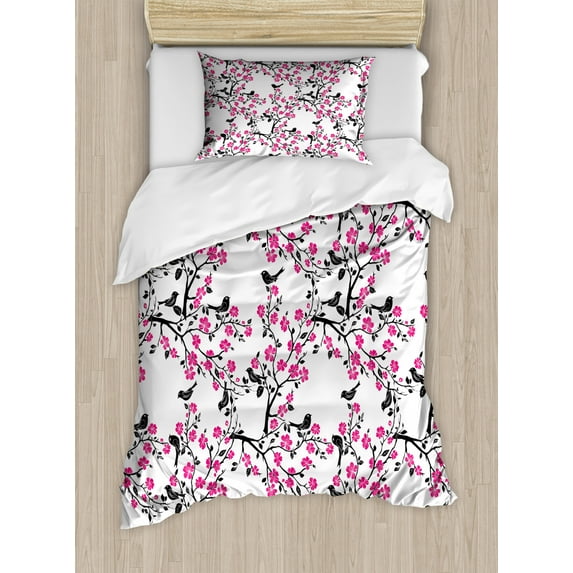 Cherry Blossom Duvet Cover Set Twin Size, Sakura Tree with Flourishing Flowers and Birds Black Silhouettes, Decorative 2 Piece Bedding Set with 1 Pillow Sham, Black Hot Pink White, by Ambesonne