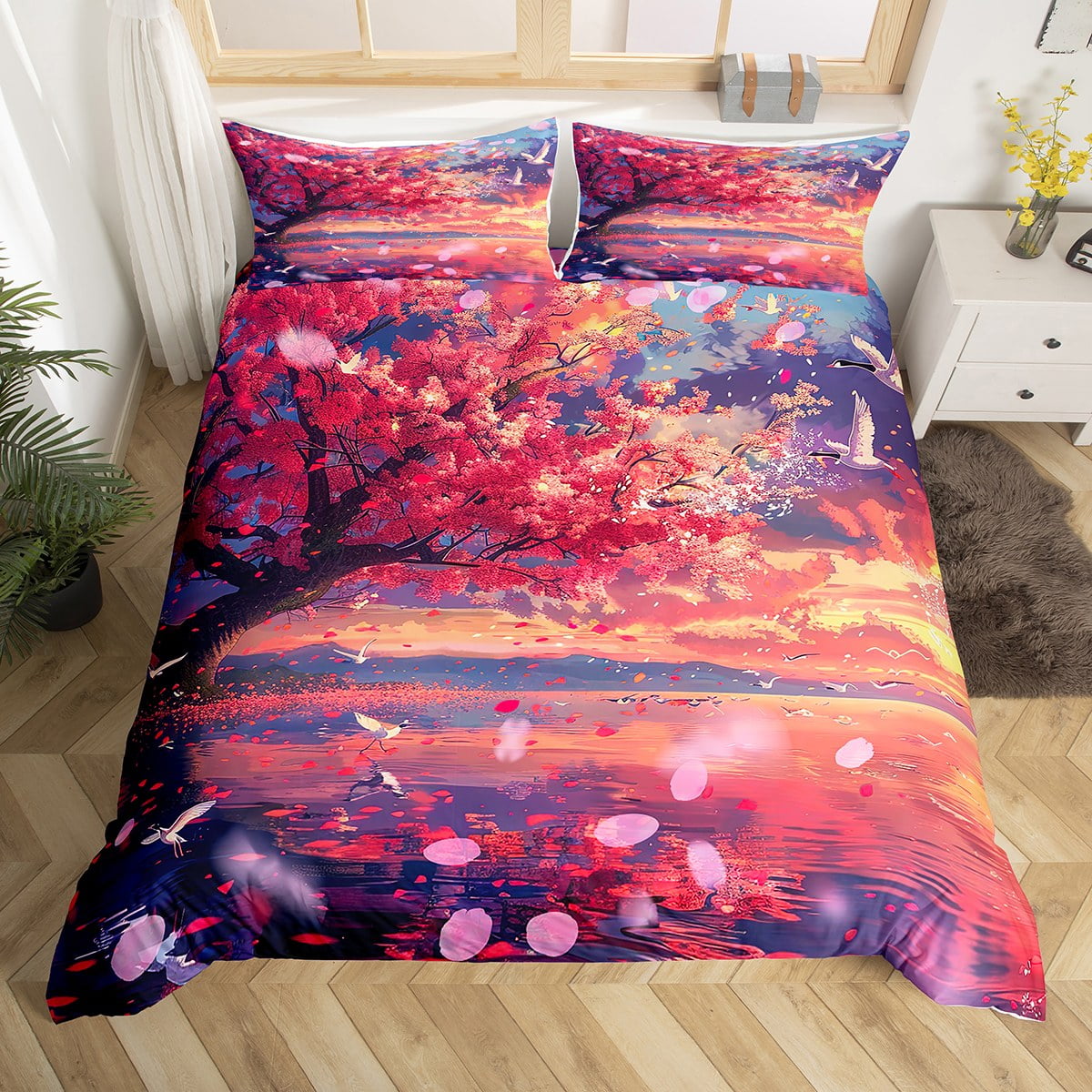 Cherry Blossom Duvet Cover White Crane Birds Twin Bedding Sets for