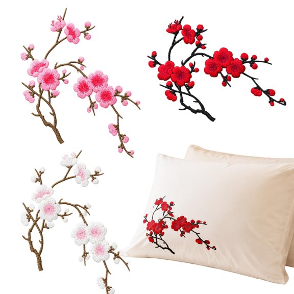Cherry Blossom Embroidered Patches 3 Pc Floral Applique Fabric Decor
