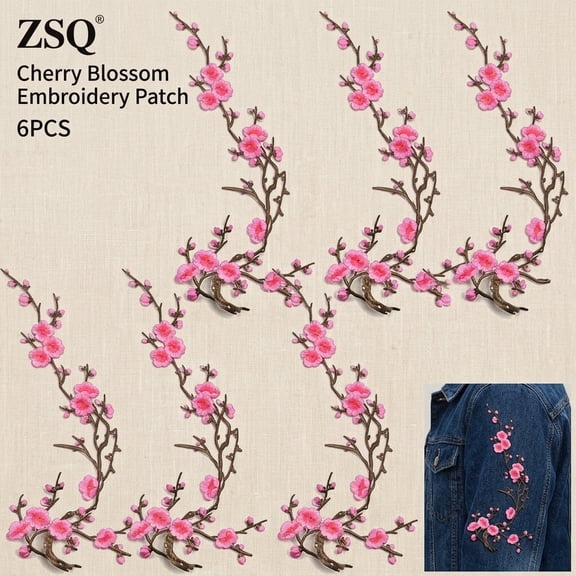Cherry Blossom Embroidery Patches Iron On Sew On Sakura Floral Applique Patch Set for Jeans Jacket Backpack DIY Clothing Decoration (3/6Pcs, 15Inch)